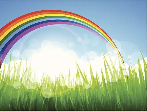 Vector illustration of Rainbow and green grass over blue sky