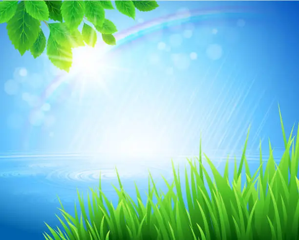 Vector illustration of Vivid spring landscape with rainbow appearing in bokeh light