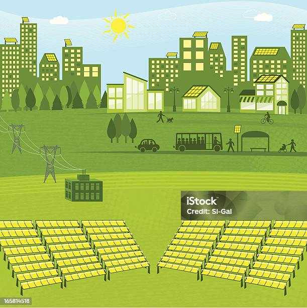 Energia Solare - Immagini vettoriali stock e altre immagini di Pannello solare - Pannello solare, Cittadina, Città