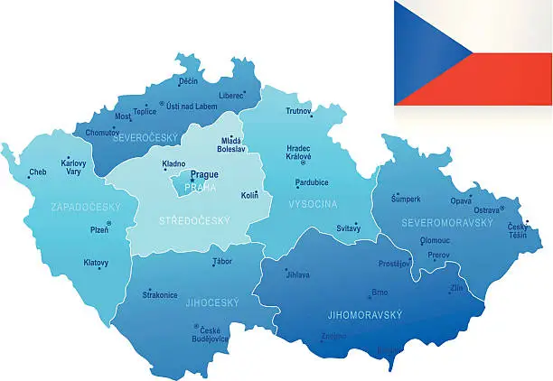 Vector illustration of Map of Czech republic - states, cities, flag, navigation icons