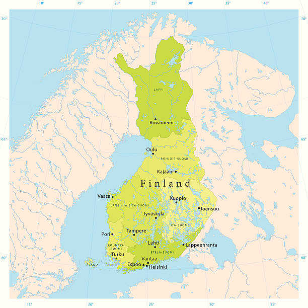 Finland Vector Map "Highly detailed vector map of Finland. File was created on November 24, 2011. The colors in the .eps-file are ready for print (CMYK). Included files: EPS (v8) and Hi-Res JPG." map of helsinki finland stock illustrations