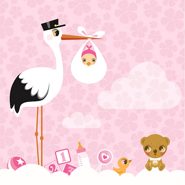 storch für mädchen. neugeborene baby-dusche einladung rosa niedlichen - storchenvogel stock-grafiken, -clipart, -cartoons und -symbole
