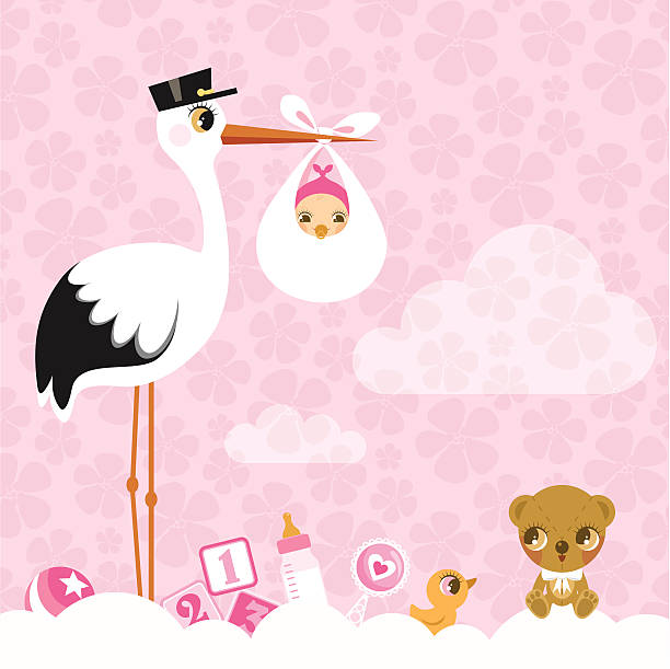 illustrations, cliparts, dessins animés et icônes de cigogne pour filles. invitation de douche de bébé nouveau-né rose mignon - cigogne