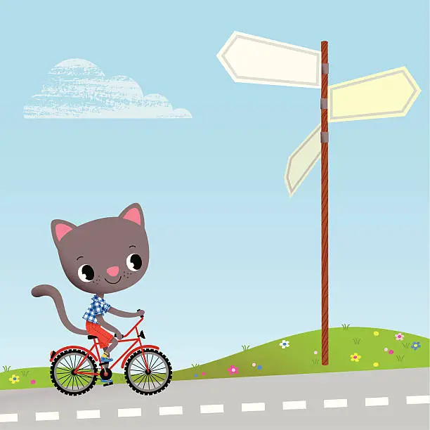 Vector illustration of Kitten and  Road Sign.