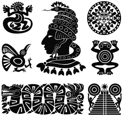 Mayan silhouettes illustration with stylized monkey, bird, dragon, temple, frog, calendar, etc.