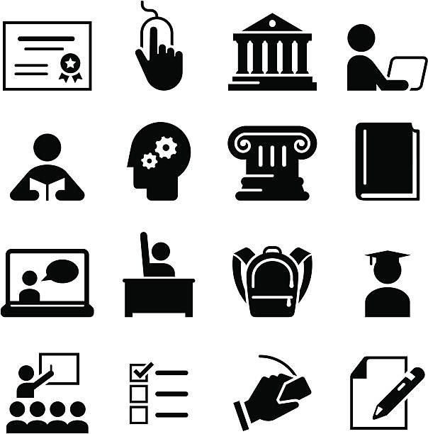 Black education icons on white background Online learning and education icon set. Professional icons for your print project or Web site. See more in this series. teacher clipart stock illustrations
