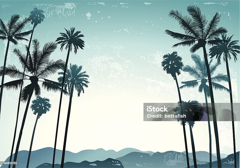 Palms landscape Retro grange palm trees on a sky and mountains background. Palm Tree stock vector