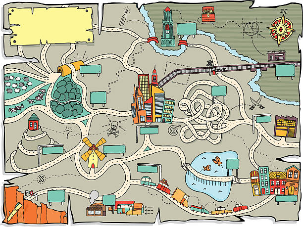 ilustraciones, imágenes clip art, dibujos animados e iconos de stock de funny mapa del tesoro - mapas de tesoros