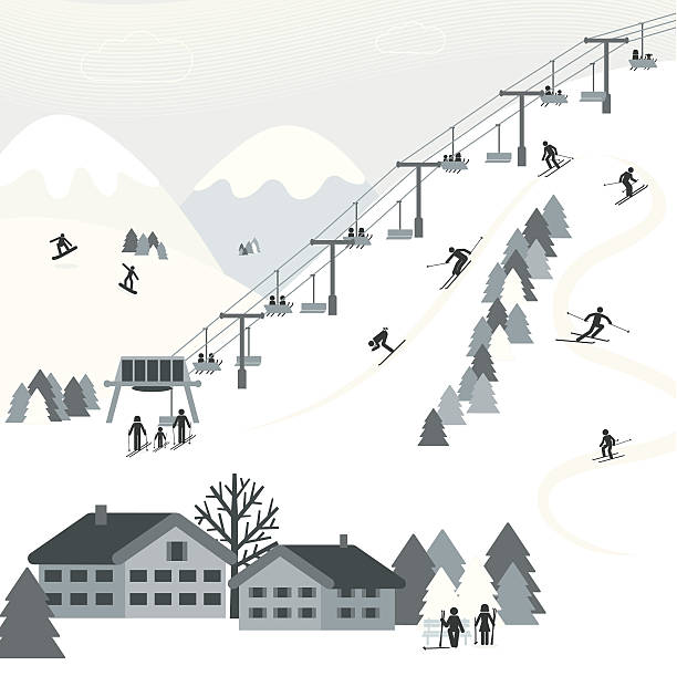 スキーリゾート - mountain skiing ski lift silhouette点のイラスト素材／クリップアート素材／マンガ素材／アイコン素材