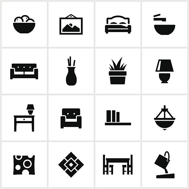 Interior Design Elements Icons Home interior design items. All white strokes/shapes are cut from the icons and merged allowing background to show through. light fixture stock illustrations