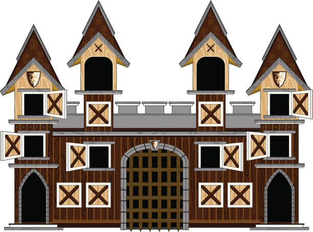 средневековый замок turret - medieval castle gate portcullis stock illustrations