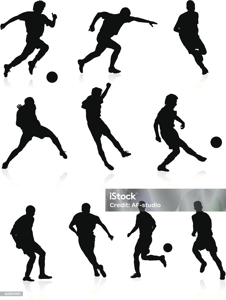 Piłka nożna graczy-czarne sylwetki. - Grafika wektorowa royalty-free (Sylwetka)