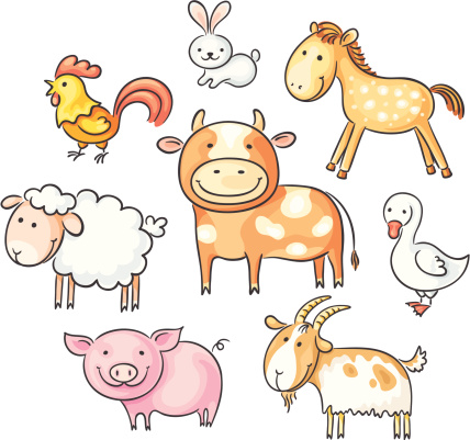 A set of cartoon farm animals, no gradients.  