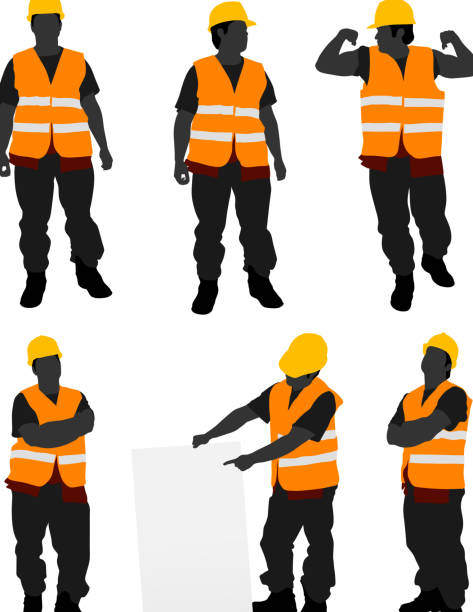 ilustraciones, imágenes clip art, dibujos animados e iconos de stock de trabajador de la construcción posando - construction worker silhouette people construction