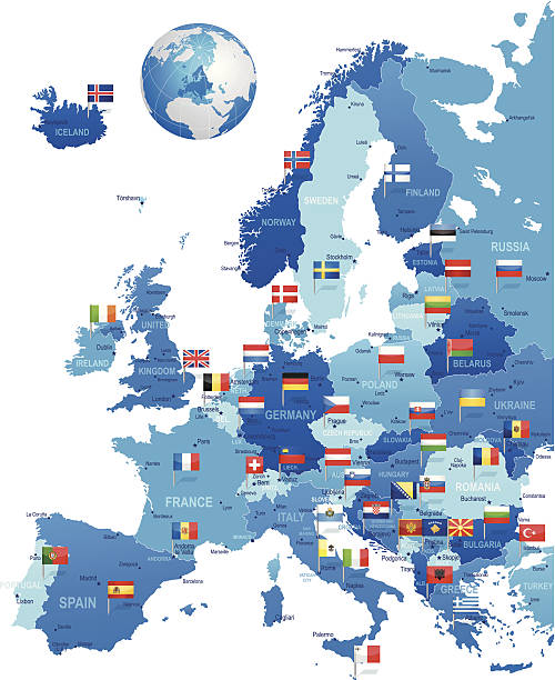 ilustrações de stock, clip art, desenhos animados e ícones de europa mapa com pinos de bandeira - denmark map flag europe