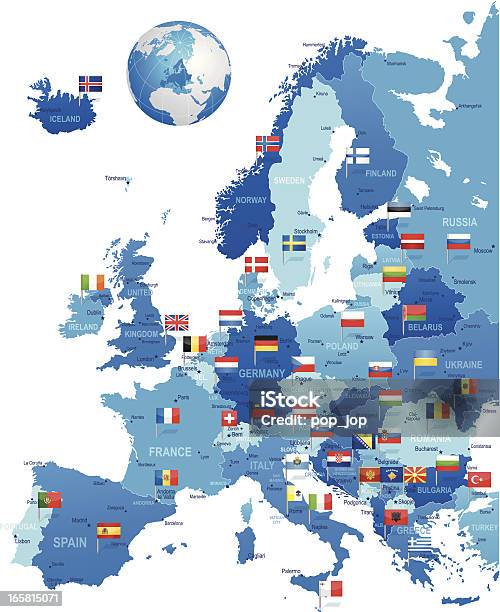 Европа Карты С Флаг Штифты — стоковая векторная графика и другие изображения на тему Карта - Карта, Европа - континент, Евросоюз