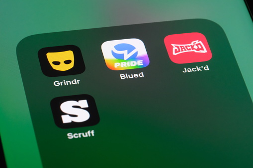 Shanghai,China-June 13st 2023: Blued, Grindr, Jack'd, Scruff app icon on screen. Assorted LGBT social network and online dating app