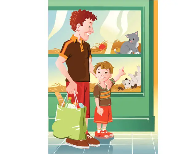 Vector illustration of Boy and his Father at the Pet Shop