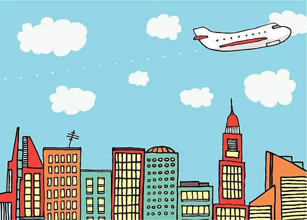 Vector illustration of Plane flying above the city