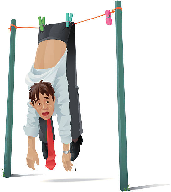 illustrazioni stock, clip art, cartoni animati e icone di tendenza di stanco uomo appeso linea di lavaggio - hanging clothesline businessman people