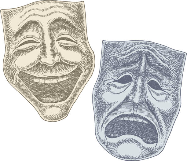 ilustraciones, imágenes clip art, dibujos animados e iconos de stock de teatro de comedia y tragedia máscaras - máscara de la comedia