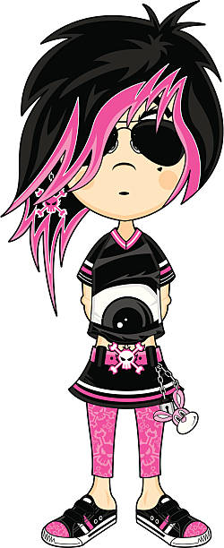 Emo Punk Girl in Skirt Vector Illustration of a Cute Little Emo Punk Girl in Mini Skirt black hair emo girl stock illustrations