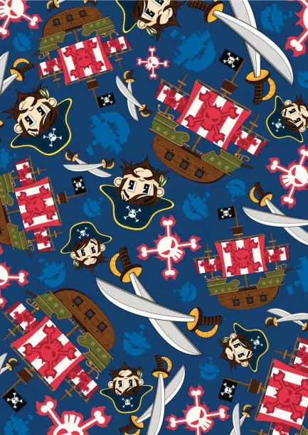 Vector illustration of Pirate Captain and Ship Pattern