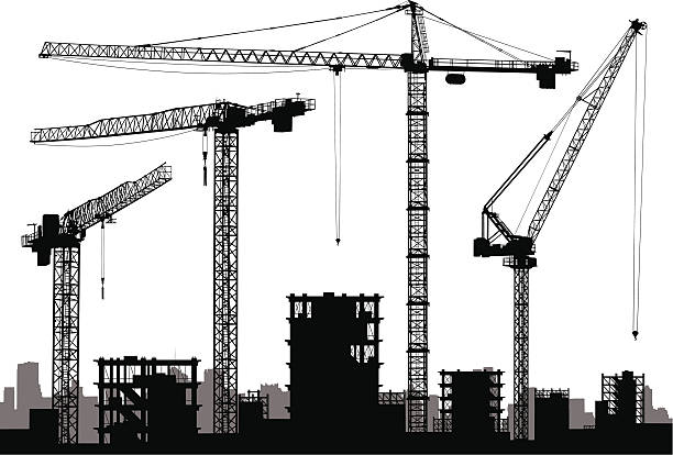 Cranes High detail cranes silhouettes. crane machinery stock illustrations