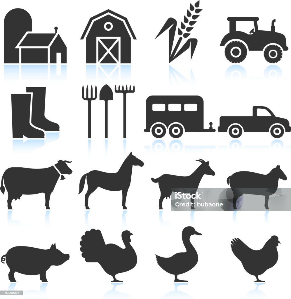 Farm Equipment and Animals black & white vector icon set Farm Equipment and Animals black & white set Icon Symbol stock vector