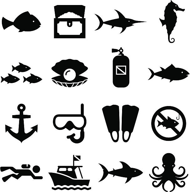 ilustraciones, imágenes clip art, dibujos animados e iconos de stock de iconos de buceo de la serie black - aleta equipo de buceo