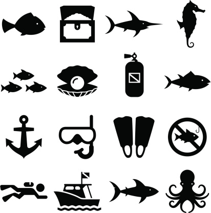 Diver's icon set with snorkeling, scuba, sport fish and boating elements. Editable vector icons for video, mobile apps, Web sites and print projects. See more icons in this series.