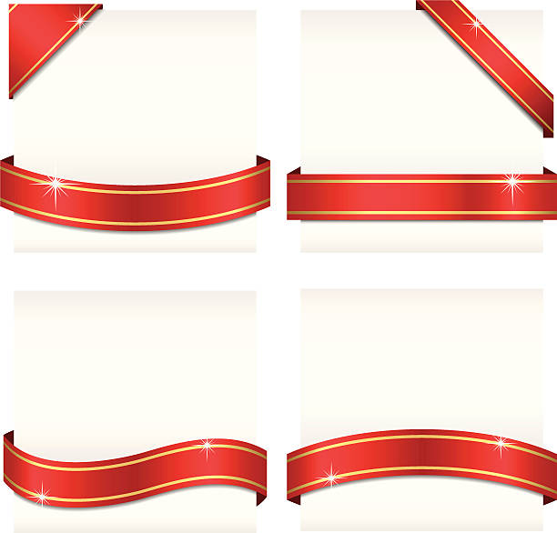 Glossy Ribbon Banners Set of 4 red ribbon banners with gold stripes wrapping around white copy space, as well as 2 corner banners.  Ribbons can be adjusted easily to fit any format.  Colored with flat colors and simple gradients only - no gradient mesh; shadows are simple 2-step blends.  Colors are global swatches, so file can be recolored easily.  Each element is on its own named layer for easy editing. gift wrap and ribbons stock illustrations