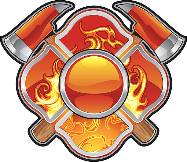 fire fighter cross and flames vector art illustration