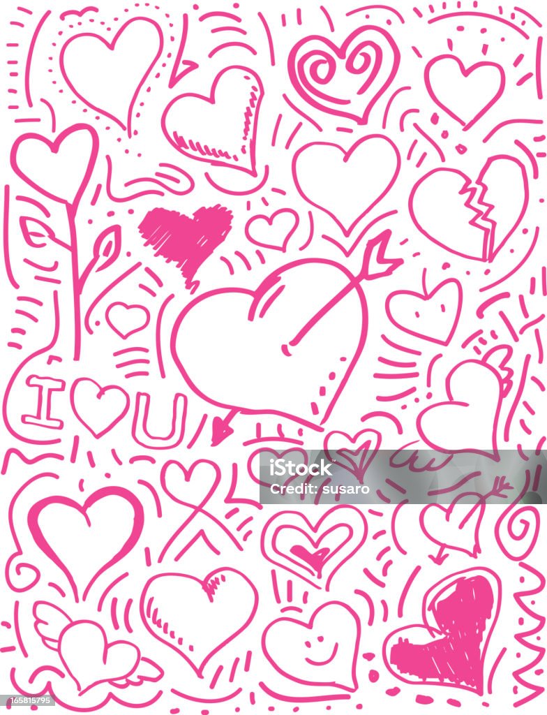 Pink Love Heart Valentine Doodles Pink Love Heart Valentine Doodles freehand drawing. Broken Heart stock vector