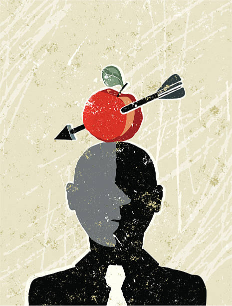 ilustrações, clipart, desenhos animados e ícones de william tell empresário com uma maçã e flecha - william tell