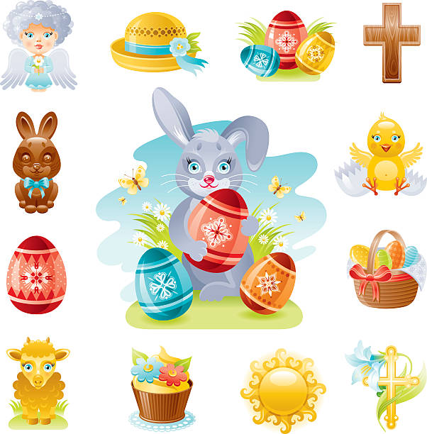 illustrazioni stock, clip art, cartoni animati e icone di tendenza di pasqua set di icone - easter bonnets immagine