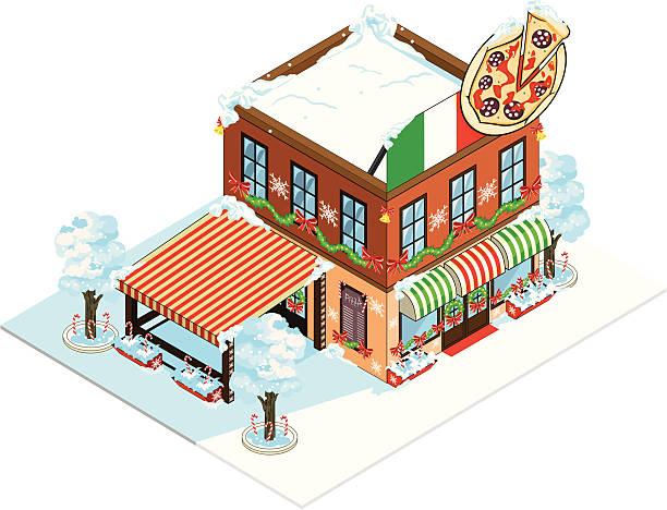 illustrations, cliparts, dessins animés et icônes de noël design pizzeria bâtiment isométrique. - christmas shopping store retail