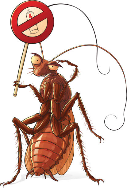 Cockroach  against insecticides Red cockroach in standing pose with sign a insecticide prohibition. longhorn beetle stock illustrations