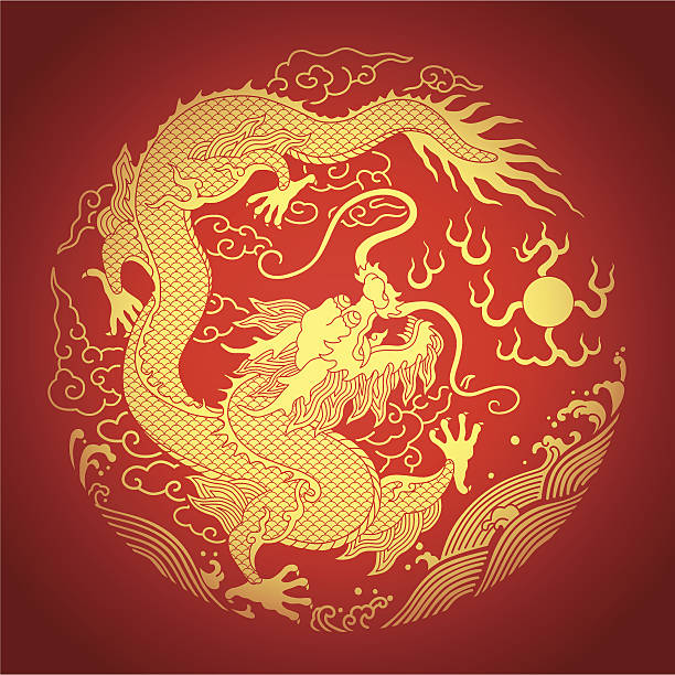 A golden Chinese dragon on a red background vector art illustration