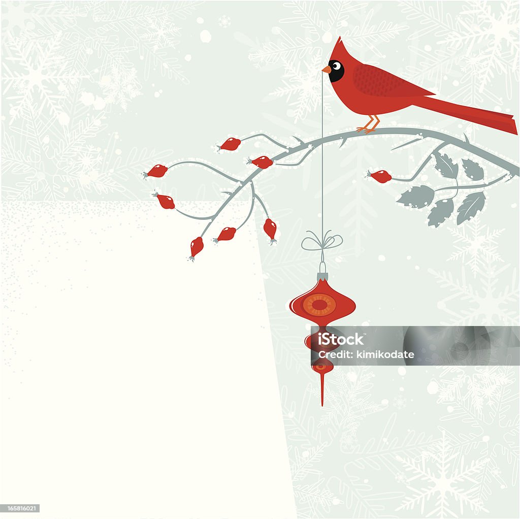 Cardinal bird with Cristmas decoration Cardinal bird on rose branch holds Christmas decoration. Copy space for the text. Snowflake background. Editable image. Elements are grouped on different layers. Cardinal - Bird stock vector