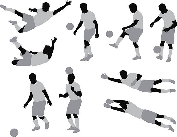 illustrations, cliparts, dessins animés et icônes de plusieurs images d'un homme jouant au football - soccer player men flying kicking