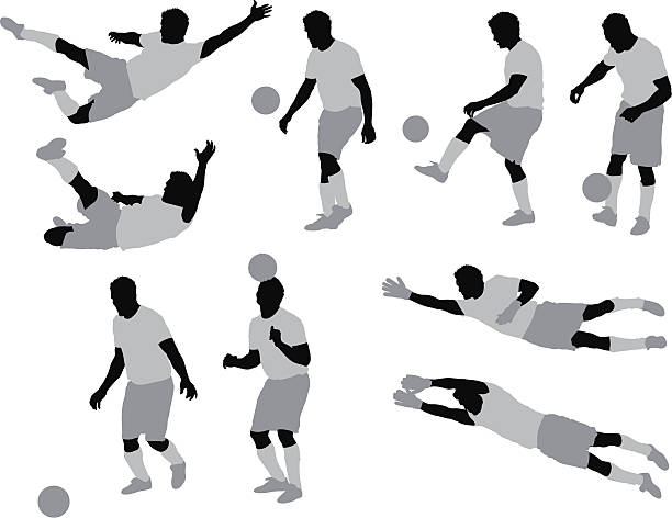 ilustrações de stock, clip art, desenhos animados e ícones de várias imagens de um homem jogando futebol - studio shot white background action activity