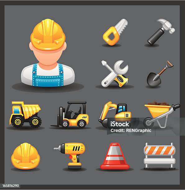 Baustelle Icon Setglänzendes Seriesdark Stock Vektor Art und mehr Bilder von Gabelstapler - Gabelstapler, Bagger, Baustelle