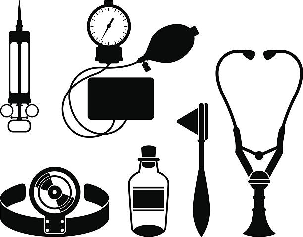 Retro doctor's tools Vector illustrations of retro doctor's tools. (syringe,blood pressure gauge,head mirror,bottle,reflex hammer,stethoscope) rubber mallet stock illustrations