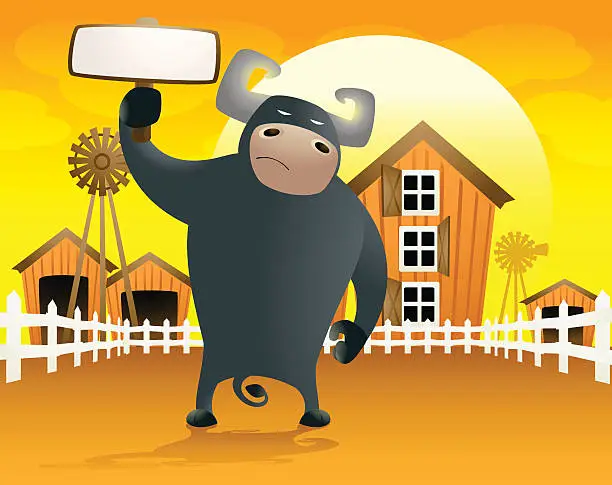 Vector illustration of Bull holding a blank sign