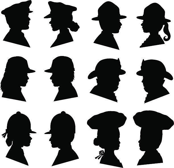 Men and Women in Uniform Hats Profiles of men and women wearing uniform hats, including police cap, ranger hat, construction hard hat, fireman, riding cap, and baker's hat. police and firemen stock illustrations