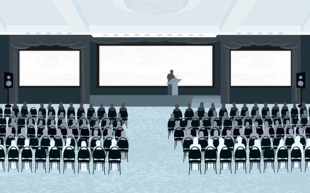 большой конференц-зал с громкой связью и три экраны - presentation seminar business silhouette stock illustrations