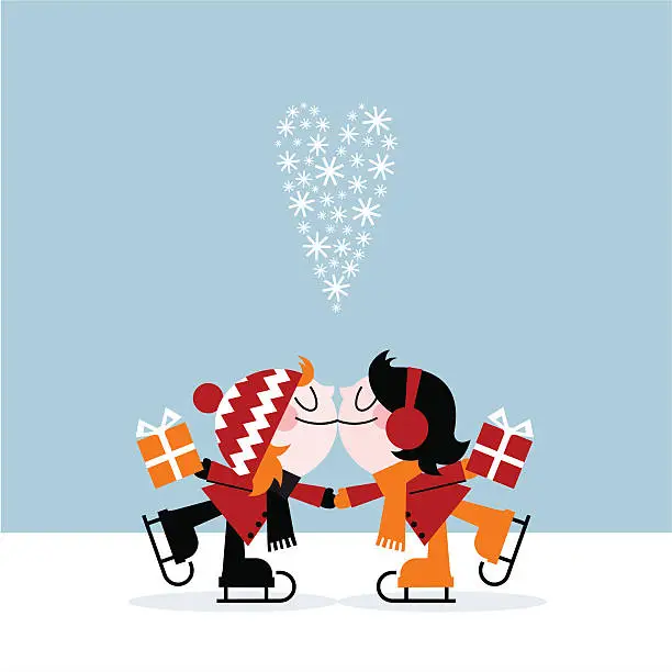 Vector illustration of Fresh kiss kids ice skating