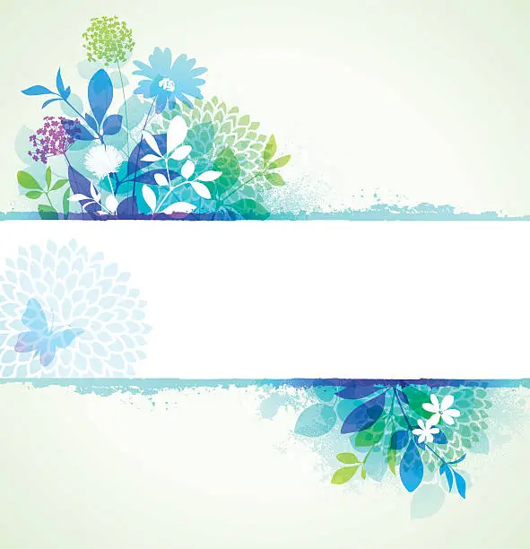 Vector illustration of Blooming flowers and butterfly design with blue outline