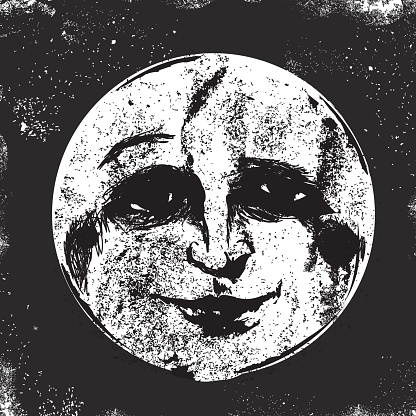 Old fashioned black and white vector illustration of a man in the moon. Facial expression of eyebrow raised. Download includes Illustrator 8 eps, high resolution jpg and png file.